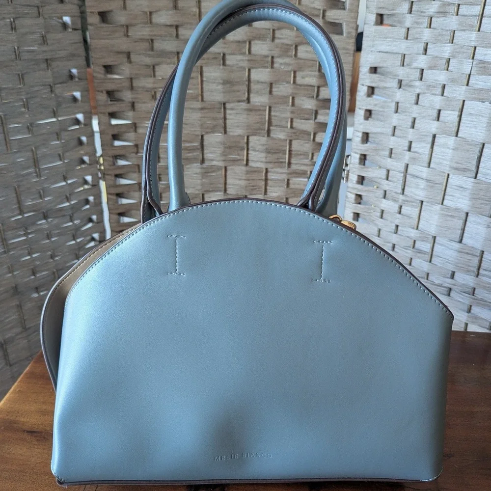 Melie Bianco Satchel Blue Vegan Leather Dome Bag Crossbody Structured Chic READ